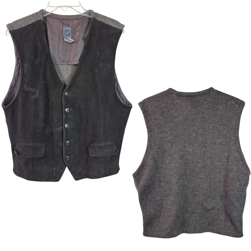 Gap Black Leather Gray Wool Knit Button Front Vintage Vest XL